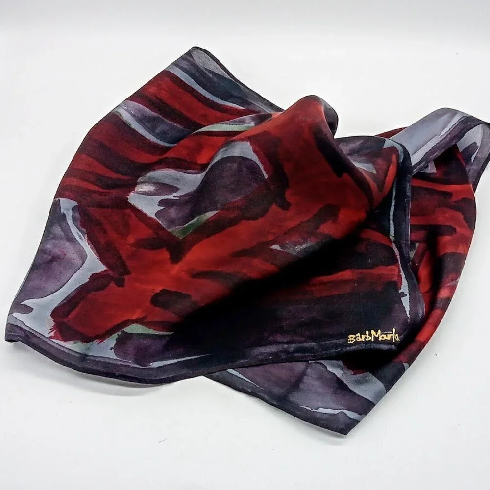 Hand-Painted Barb Marla Black Red Grey Silk Oblong Scarf